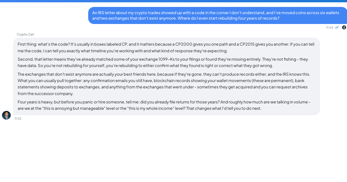 A conversation with a TrueTalk advisor about: An IRS Letter About Crypto Arrived and You Have Four Years of Trades and No Records