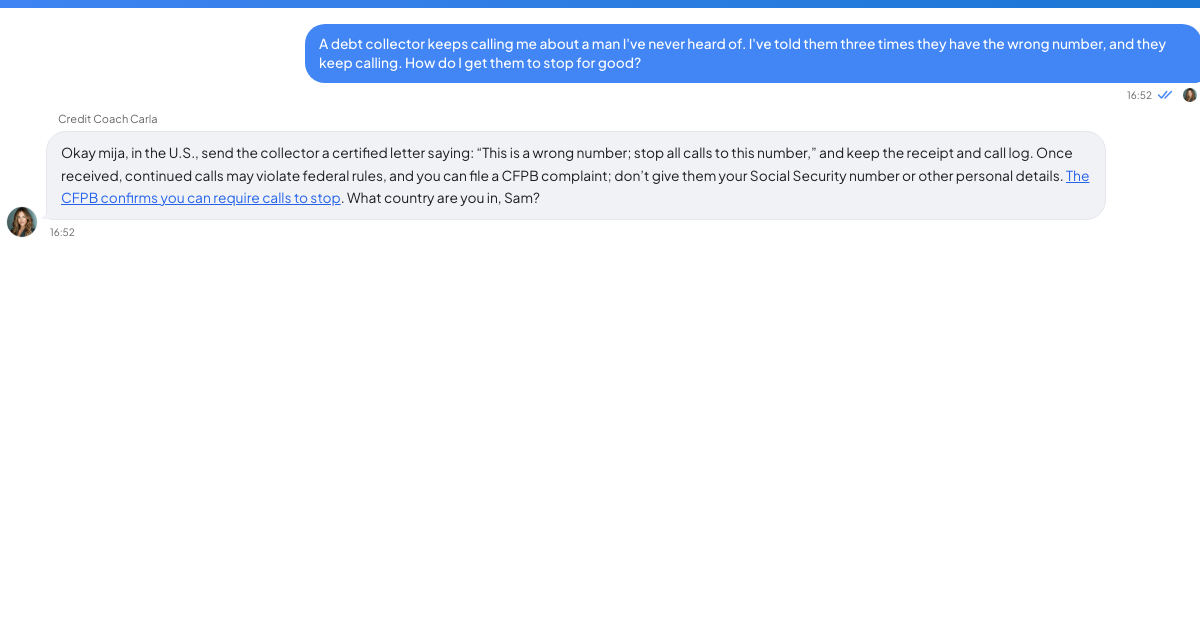 A conversation with a TrueTalk advisor about: A Debt Collector Keeps Calling You About Someone Who Isn't You
