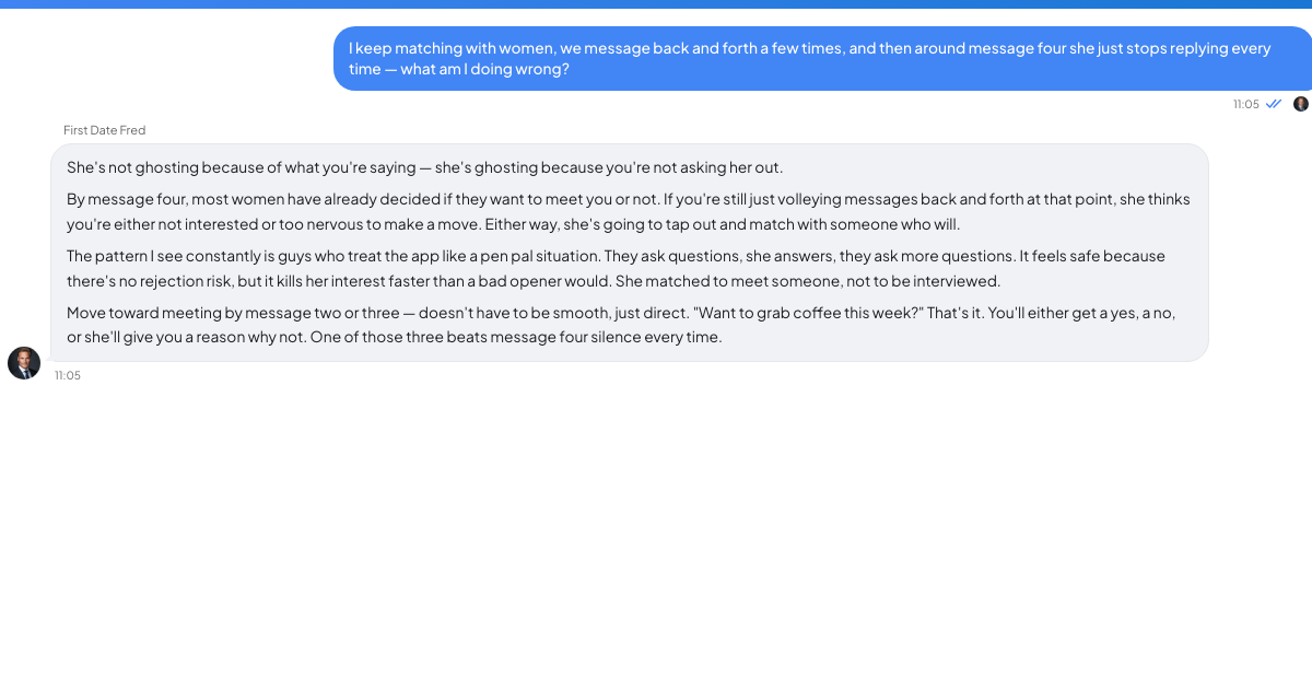 A conversation with a TrueTalk advisor about: Four Messages In, She Stops Replying. Every Single Time.