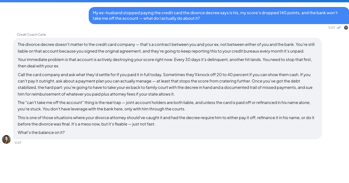 A conversation with a TrueTalk advisor about: He Moved Out and Stopped Paying the Card That's Still in Both Your Names