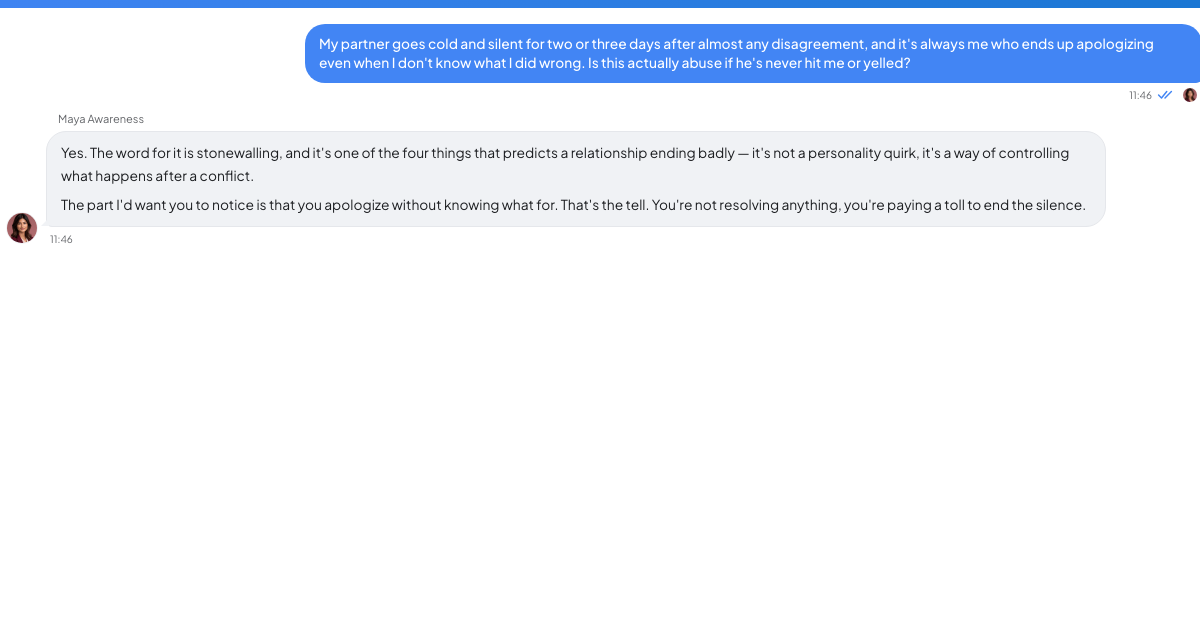 A conversation with a TrueTalk advisor about: He's Never Hit Me. So Why Am I Always the One Apologising?