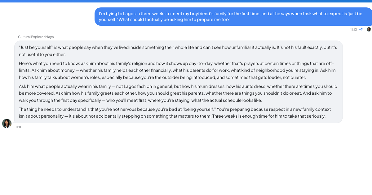 A conversation with a TrueTalk advisor about: Meeting His Family in Lagos and Terrified of Getting It Wrong