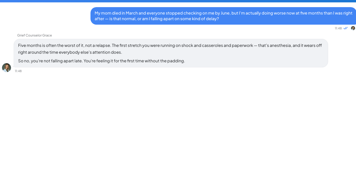 A conversation with a TrueTalk advisor about: Month Five: When Everyone Has Stopped Asking How You're Doing