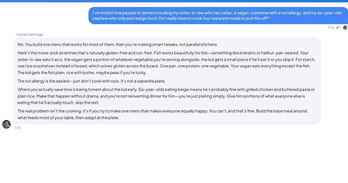 A conversation with a TrueTalk advisor about: One Table, One Celiac, One Vegan, and a Kid Who Eats Beige
