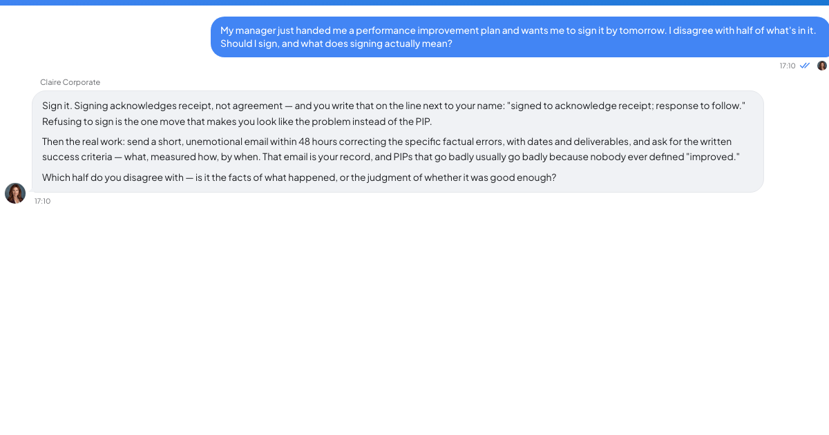 A conversation with a TrueTalk advisor about: Your Manager Slid a PIP Across the Desk and Wants a Signature. Should You Sign?
