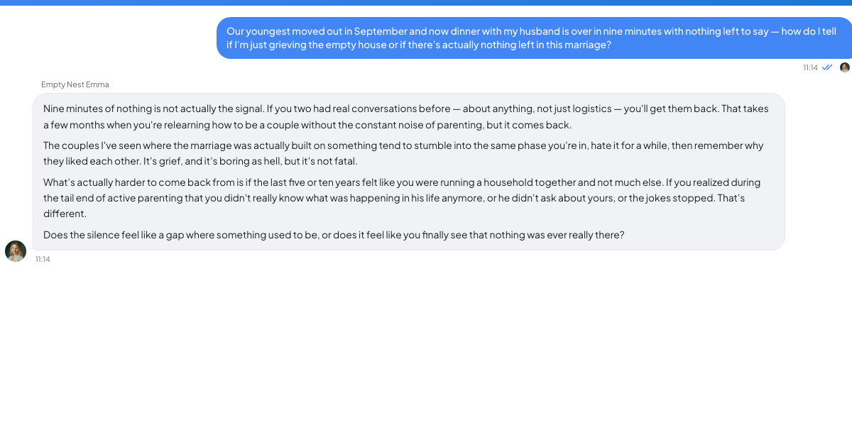 A conversation with a TrueTalk advisor about: The Kids Left in September and Now We're Two Strangers in a Kitchen