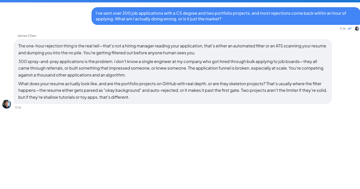 A conversation with a TrueTalk advisor about: Three Hundred Applications, Two Auto-Rejections, and a CS Degree You're Starting to Regret