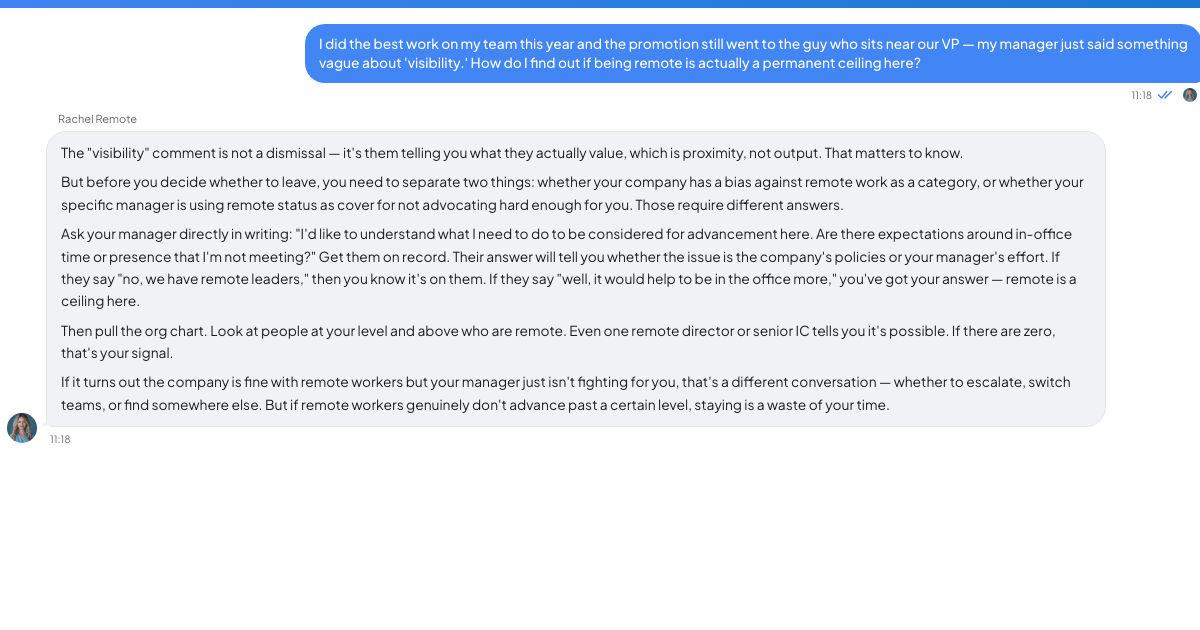 A conversation with a TrueTalk advisor about: You Did the Best Work on the Team. The Promotion Went to Someone in the Office.