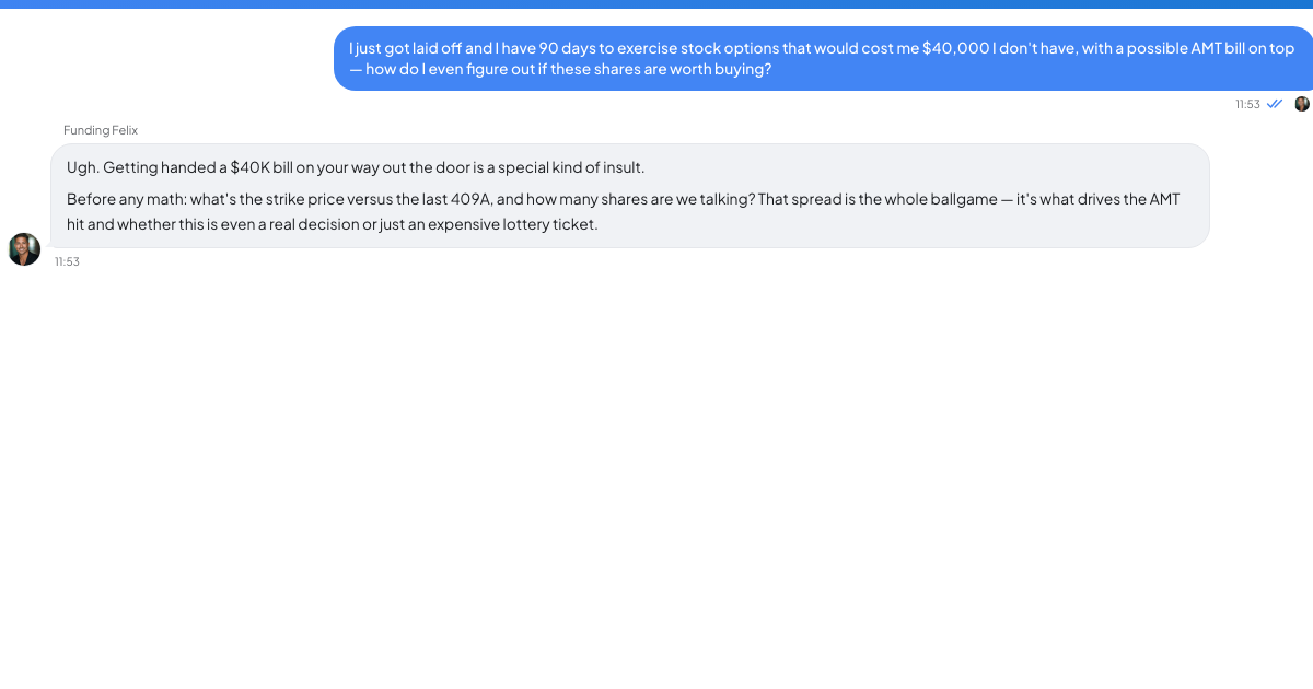 A conversation with a TrueTalk advisor about: You Have 90 Days to Buy Stock You Can't Afford in a Company That Just Fired You