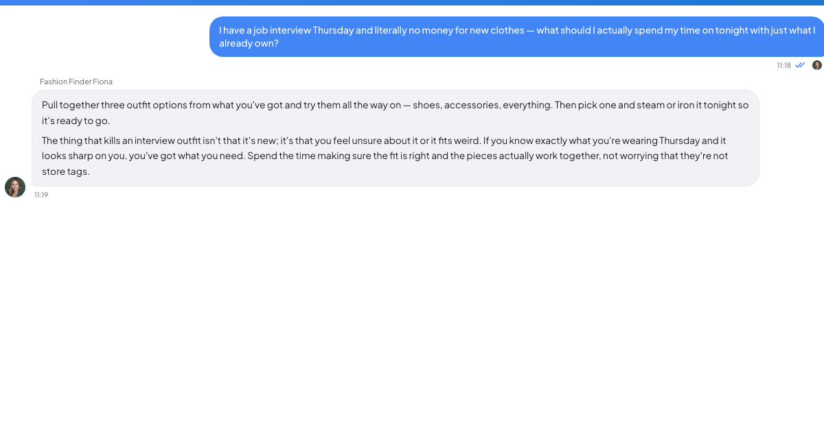 A conversation with a TrueTalk advisor about: You Have an Interview Thursday and £0 for New Clothes