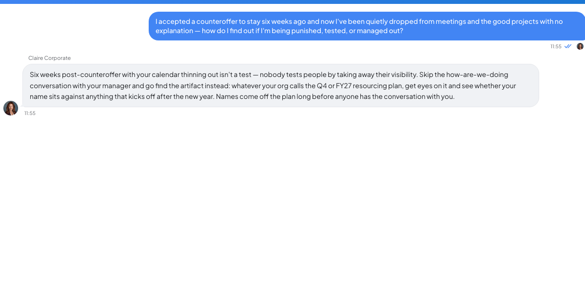 A conversation with a TrueTalk advisor about: You Took the Counteroffer. Now You're Off the Good Projects and Nobody Will Say Why.