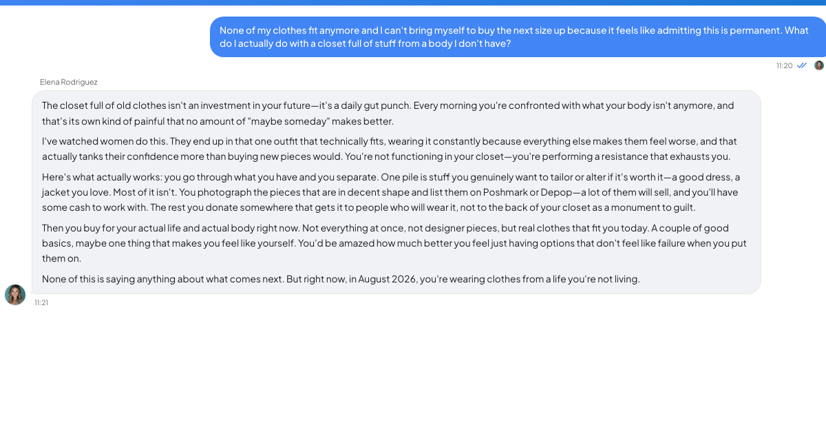 A conversation with a TrueTalk advisor about: Your Closet Is Full of a Body You No Longer Have