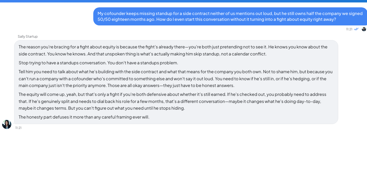 A conversation with a TrueTalk advisor about: Your Cofounder Has Stopped Working and You Already Signed 50/50