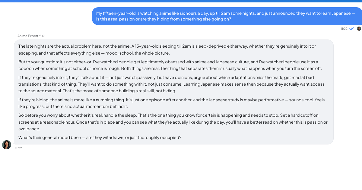 A conversation with a TrueTalk advisor about: Your Teenager Watches Anime Six Hours a Day and You Don't Get It