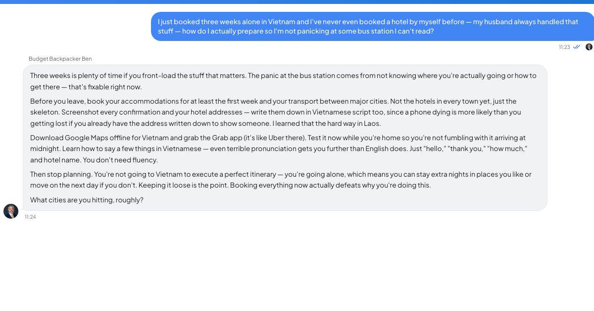 A conversation with a TrueTalk advisor about: You've Never Booked a Hotel Alone and You've Just Booked Three Weeks in Vietnam